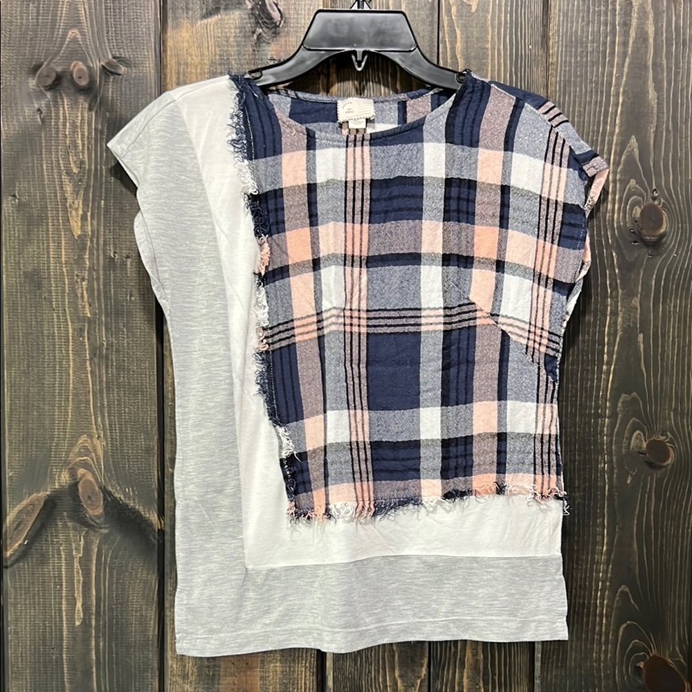 Anthropologie Postmark Hammond Plaid Patchwork Top XS Frayed Mixed Media Boho